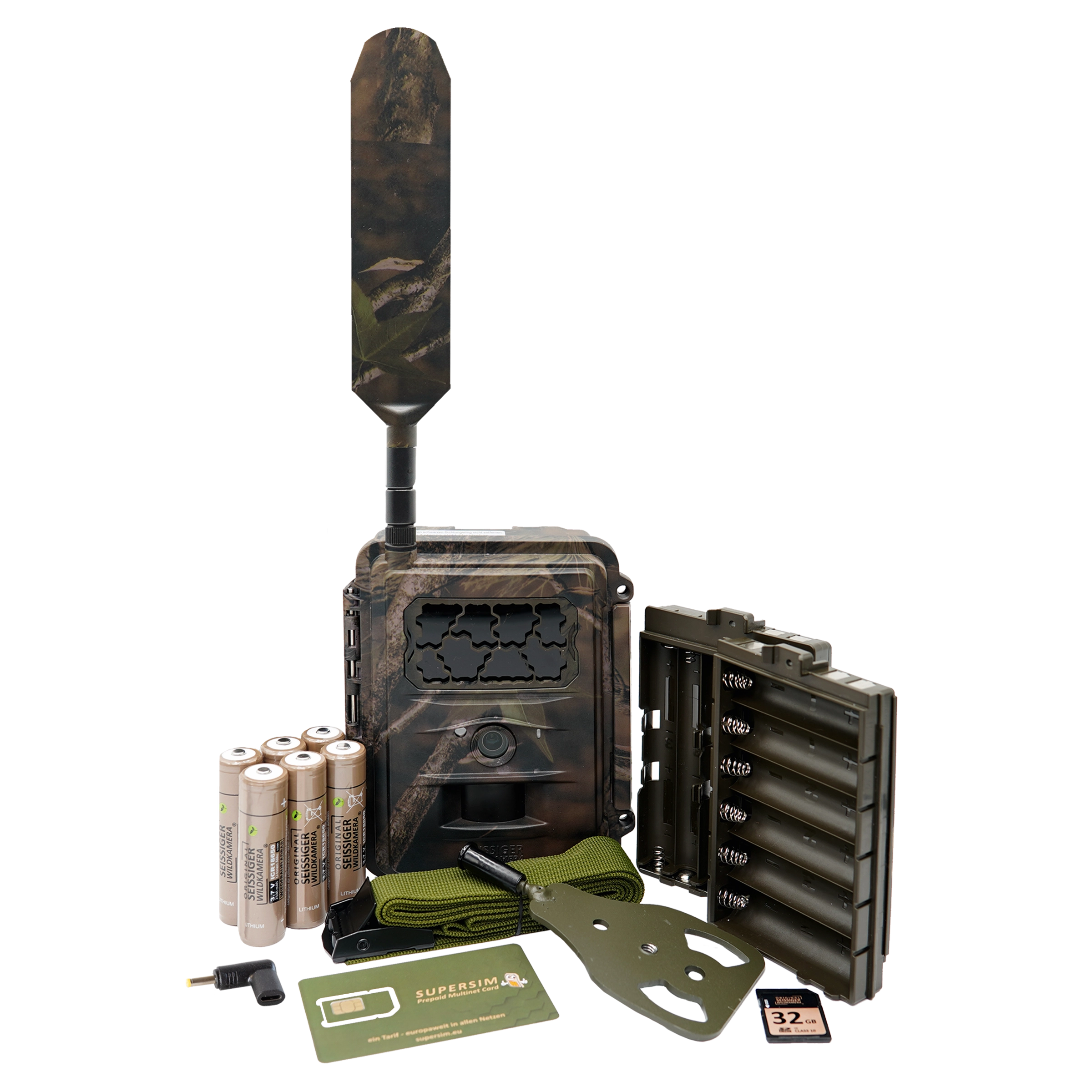 Seissiger Wildkamera Base-Cam LTE mit Akkus, SIM-Karte, Baumhalterung, Baumgurt, SD-Karte, Ladeadapter und Wechselmagazin